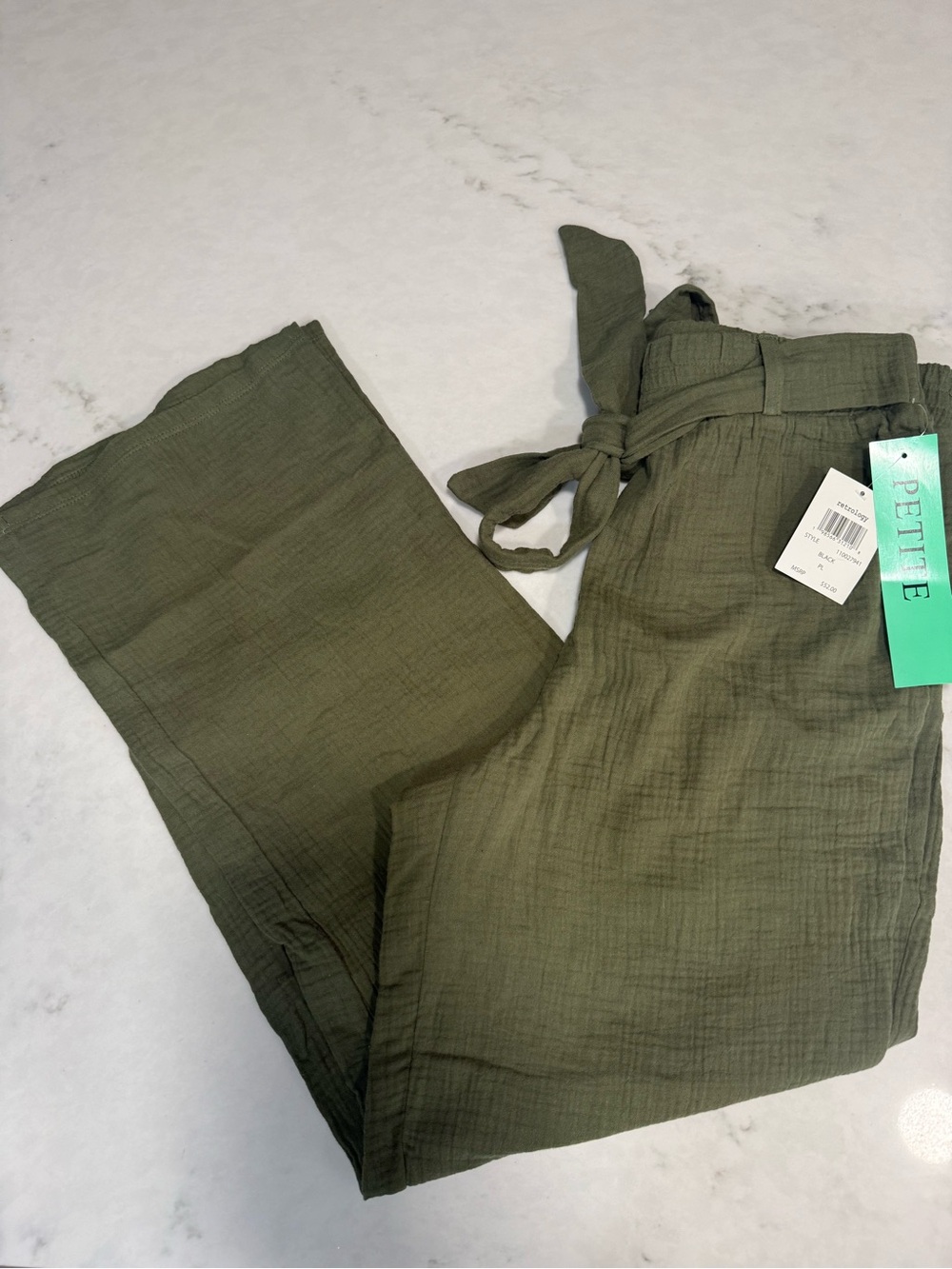 PETITE Olive Paperbag-Waist Wide Leg Pants